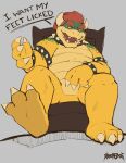  absurd_res bowser bowser_day dialogue dominant feet foot_fetish foot_focus hi_res male mario_bros nintendo silveredge slightly_chubby solo text toes 