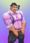  1boy arm_hair bara black_hair bulge cerberus_arts collared_shirt crotch_grab dark-skinned_male dark_skin facial_hair feet_out_of_frame highres large_pectorals male_focus mature_male muscular muscular_male mustache pants pectorals pink_shirt pokemon pokemon_(game) pokemon_sv saguaro_(pokemon) shirt short_hair sideburns sleeves_rolled_up smile solo standing suspenders thick_eyebrows thighs tight tight_pants 