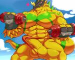  abs absurd_res anthro armor balls bandai_namco bulkmon clothing digimon dumbbell erection exercise genitals headgear helmet hi_res male muscular muscular_anthro muscular_male pecs penis scalie solo steen thong underwear vein veiny_penis weights workout yellow_body 