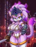  2023 amber_eyes anthro armor barely_sly big_breasts bikini_armor blaze_the_cat breasts camel_toe clothing domestic_cat felid feline felis female fur gauntlets gloves hair handwear headgear helmet hi_res mammal melee_weapon navel nipple_outline open_mouth photo_background photography_(artwork) purple_body purple_fur purple_hair sega sir_percival_(sonic_and_the_black_knight) solo sonic_and_the_black_knight sonic_storybook_series sonic_the_hedgehog_(series) sword unconvincing_armor weapon 