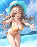  1girl :d absurdres bikini blonde_hair blue_archive blue_sky breasts day floating_hair flower green_eyes hapu_(nfdt7773) hat hat_flower highres large_breasts leaning_forward long_hair looking_at_viewer navel nonomi_(blue_archive) nonomi_(swimsuit)_(blue_archive) open_mouth outdoors outstretched_arms sky smile solo stomach sun_hat swimsuit thighs water yellow_bikini 