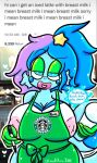  &lt;3 anthro apron apron_only big_breasts blue_body blue_eyes blue_hair breasts clothing drizzile english_text female generation_8_pokemon hair huge_breasts i_mean_breast_milk lewdchuu_(artist) meme nintendo nipples pink_nipples pokemon pokemon_(species) pyon_(lewdchuu) solo star starbucks text 