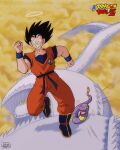  1boy absurdres black_eyes black_hair boots clenched_teeth cloud commentary_request copyright_name crossover dougi dragon_ball dragon_ball_z ekans halo highres logo male_focus pokemon pokemon_(creature) running salvamakoto signature snake_way son_goku spanish_commentary teeth wristband 