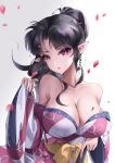  1girl absurdres bare_shoulders black_hair breasts cleavage dangle_earrings earrings fangwan folded_fan folding_fan hand_fan head_tilt highres holding holding_fan inuyasha japanese_clothes jewelry kagura_(inuyasha) kimono large_breasts long_hair long_sleeves looking_at_viewer obi off_shoulder parted_lips petals pointy_ears ponytail purple_kimono red_eyes sash solo two-tone_kimono upper_body white_kimono wide_sleeves yellow_sash 