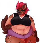  anthro bedroom_eyes belly big_belly big_breasts bottomwear breasts brown_body brown_fur clothing cute_fangs cutoffs deep_navel denim denim_clothing fangs female fur green_eyes hair hi_res high_waisted_bottomwear hyena mammal midriff narrowed_eyes navel obese obese_female overweight overweight_female pink_hair schopenhauer seductive shorts simple_background solo spotted_hyena tan_body tan_fur teeth thick_thighs tight_clothing white_background wide_hips 