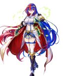  1girl alear_(female)_(fire_emblem) alear_(fire_emblem) armor armored_boots blue_eyes blue_hair boots breasts cape elbow_pads fire_emblem fire_emblem_engage fire_emblem_heroes full_body gauntlets gloves gold_trim heterochromia highres jewelry knee_boots kousei_horiguchi long_sleeves medium_breasts multicolored_hair non-web_source official_art pale_skin pelvic_curtain puffy_sleeves red_eyes red_hair scroll skirt solo thighhighs tiara zettai_ryouiki 