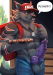  anthro balls bandai_namco barazoku baseball_cap bodily_fluids canid canine canis claws clothed clothing delivery_(commerce) digimon digimon_(species) digital_media_(artwork) erection food food_delivery fur genital_fluids genitals hair hat headgear headwear hi_res kemono knot looking_at_viewer male mammal muscular muscular_anthro muscular_male nude penis pizza pizza_box pizza_delivery smile solo text vitaly_(artist) 