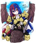  1girl alear_(female)_(fire_emblem) alear_(fire_emblem) alternate_costume armor blue_eyes blue_hair blush braid crossed_bangs crown_braid dragon dragon_riding dragon_wings fire_emblem fire_emblem_engage flying gloves heterochromia highres long_hair looking_at_viewer misato_hao multicolored_hair outdoors red_eyes red_hair reins riding smile solo split-color_hair tiara two-tone_hair very_long_hair wings wyvern 