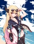  1girl absurdres blonde_hair dragon_girl dragon_horns dragon_tail eyewear_on_head highres horns kimhiro looking_at_viewer novelpia red_eyes solo sunglasses swimsuit tail tube 