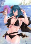  1boy 1girl absurdres bare_arms bare_shoulders belt bikini black_belt black_bikini black_capelet blue_eyes blue_hair blue_sky breasts byleth_(female)_(fire_emblem) byleth_(fire_emblem) capelet commentary_request cowboy_shot day fire_emblem fire_emblem:_three_houses fire_emblem_heroes flower hair_flower hair_ornament highres large_breasts long_hair looking_at_viewer lorenz_hellman_gloucester nail_polish navel ocean one_eye_closed outdoors parted_lips purple_nails red_flower ribbon sky standing stomach surfing swimsuit thighs vialnite wading water wrist_ribbon 