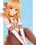  1girl blonde_hair breasts closed_mouth collarbone detached_sleeves feet_out_of_frame fiora_(xenoblade) green_eyes highres long_hair looking_at_viewer midriff miniskirt skirt smile solo thighhighs tochiryo xenoblade_chronicles_(series) xenoblade_chronicles_1 