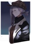  1girl blue_eyes character_name coat dated expressionless from_side girls&#039;_frontline grey_hair hair_over_one_eye hat highres long_hair mado_mdmbx_(wjjj5485) mg5_(call_of_the_hunter)_(girls&#039;_frontline) mg5_(girls&#039;_frontline) moon official_alternate_costume outdoors ponytail profile scarf solo upper_body 