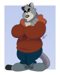  2023 absurd_res anthro biped bottomwear brok_the_investigator clothing domestic_cat felid feline felis fur graff_filsh grey_body grey_fur hi_res hikazedragon hoodie mammal pants simple_background solo topwear 