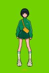  1girl absurdres artist_logo bag black_hair expressionless full_body green_background green_eyes green_shorts green_theme green_track_suit highres looking_at_viewer miyoshi_yoshimi original short_hair shorts shoulder_bag simple_background socks solo standing track_suit white_socks 