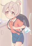  1boy absurdres aged_down ahoge backpack bag blue_shorts brown_eyes child commentary cowboy_shot grey_hair highres holding_strap indoors light_blush looking_at_viewer male_focus multicolored_hair onii-chan_wa_oshimai! orange_shirt oyama_mahiro oyama_mahiro_(male) pink_hair pout randoseru shirt short_sleeves shorts solo tsurasugu two-tone_hair 