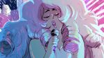  1girl curly_hair dress long_hair microphone music open_mouth pink_hair plump rose_quartz_universe sidelocks singing solo steven_universe upper_body very_long_hair vi-6w6 white_dress 