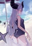  1girl bare_shoulders black_horns braid braided_bangs corrupted_twitter_file demon_horns highres hololive holox horns la+_darknesss long_hair motoi_(croa76) multicolored_hair nail_polish ocean one-piece_swimsuit pointy_ears purple_hair streaked_hair striped_horns swimsuit very_long_hair virtual_youtuber 