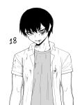  1boy black_hair bruise bruise_on_face character_age collared_shirt grey_shirt greyscale highres injury monochrome original shadow shirt short_hair short_sleeves simple_background solo upper_body vulcan_(ejel2000) white_background white_shirt 