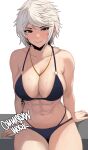  1girl abs absurdres alina_novikov artist_name bare_shoulders breasts collarbone commission edmun highres large_breasts looking_at_viewer muscular muscular_female navel o-ring o-ring_top original short_hair sitting smile solo swimsuit thigh_gap tomboy wet 