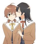  2girls artist_name black_hair closed_eyes closed_mouth fingernails hand_on_another&#039;s_shoulder highres kiss kissing_cheek koito_yuu long_hair long_sleeves multiple_girls nanami_touko neck_ribbon nyamo red_ribbon ribbon school_uniform short_twintails simple_background tohmi_higashi_high_school_uniform twintails white_background yagate_kimi_ni_naru yellow_eyes yellow_ribbon yuri 