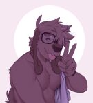  anthro brown_body brown_fur bust_portrait canid canine canis domestic_dog eyewear floppy_ears fur gesture glasses long_ears looking_at_viewer male mammal nextel nipples nude portrait reed_(bearra) solo tongue tongue_out towel_on_shoulder v_sign 