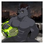  1:1 2023 abs absurd_res anthro barazoku black_body black_fur black_hair border bored bottomwear canid canine canis city cityscape claws clothed clothing colored cute_fangs dared_u digital_media_(artwork) fluffy fur glowing green_eyes hair hand_behind_back hi_res inner_ear_fluff jacob_(super-nova) looking_at_viewer magic male mammal muscular muscular_male night outside pants pecs pose raised_arm rooftop scar solo standing super-nova tail topless topless_male tuft white_border wolf 