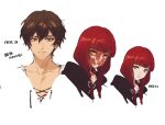  1boy 1girl arashiko_falcom braid brown_eyes brown_hair character_age closed_mouth colored_skin cropped_shoulders cross-laced_clothes expressionless fata_morgana_no_yakata hair_between_eyes hair_over_shoulder highres jacopo_bearzatti long_hair looking_at_viewer morgana_(fata_morgana_no_yakata) multicolored_skin pale_skin portrait red_hair red_skin scar scar_on_face short_hair simple_background smile twin_braids twintails white_background yellow_eyes 