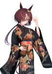  1girl alternate_costume animal_ears arm_up bag black_kimono blush breasts brown_hair clenched_hand coin_purse floral_print grin hair_over_one_eye holding holding_bag horse_ears horse_girl horse_tail japanese_clothes kimono long_hair long_sleeves looking_at_viewer low_ponytail multicolored_hair oni simple_background small_breasts smile solo standing streaked_hair tail umamusume upper_body vodka_(umamusume) white_background wide_sleeves yellow_eyes yomean! yukata 