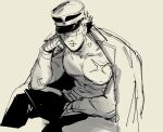  1boy aoi_(husiginokuninoa) bara bare_pectorals cropped_legs golden_kamuy greyscale hat hat_over_one_eye jacket jacket_on_shoulders kepi large_pectorals looking_at_viewer male_focus military_hat monochrome muscular muscular_male pectorals scar scar_on_chest scar_on_face scar_on_mouth scar_on_nose short_hair sitting sketch solo sugimoto_saichi 