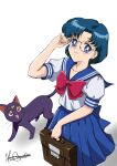  bishoujo_senshi_sailor_moon black_cat black_fur blue_eyes blue_hair bow cat dj_jdite earrings glasses highres jewelry luna_(sailor_moon) mizuno_ami open_mouth red_bow school_uniform short_hair simple_background skirt smile white_background 