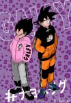  alternate_costume artist_name black_hair bone dog dragon_ball dragon_ball_z full_body hands_in_pockets highres hood hoodie looking_at_viewer male_focus multicolored_clothes multicolored_hoodie nekojitanx purple_background size_difference son_goku spiked_hair standing translation_request vegeta 