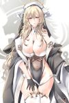  1girl absurdres azur_lane bare_shoulders between_breasts black_gloves blonde_hair breast_cutout breasts cleavage commentary_request covered_navel cowboy_shot fake_horns gloves gudon_(iukhzl) habit hair_between_eyes half_gloves highres horns implacable_(azur_lane) large_breasts long_bangs long_hair long_sleeves looking_at_viewer nun pelvic_curtain red_eyes revealing_clothes royal_navy_emblem_(azur_lane) see-through simple_background solo standing thighhighs veil very_long_hair white_background white_horns white_thighhighs wide_sleeves 