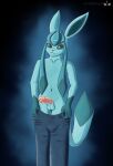  anthro balls bottomwear clothing eeveelution forbiddenlight generation_4_pokemon genitals glaceon hi_res male nintendo pants penis pokemon pokemon_(species) solo 