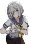  1girl 30-06 black_pantyhose blue_eyes blush breasts closed_mouth cowboy_shot gloves grey_hair hair_ornament hair_over_one_eye hairclip hamakaze_(kancolle) heart heart_hands highres kantai_collection large_breasts neckerchief pantyhose school_uniform serafuku short_hair short_sleeves trembling white_background white_gloves white_serafuku yellow_neckerchief 