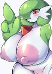  2023 anthro areola big_areola big_breasts big_nipples blush breasts digital_media_(artwork) erect_nipples gardevoir generation_3_pokemon green_hair hair huge_breasts huge_thighs looking_at_viewer multicolored_body nekoyuu nintendo nipples pokemon pokemon_(species) smile solo thick_thighs two_tone_body white_body wide_hips 