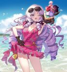  1girl :d alternate_costume beach black_gloves blue_sky breasts chest_tattoo cleavage cloud collarbone crepe drill_hair eyewear_on_head floral_print food gloves hair_ribbon hand_on_own_hip highres hyakumantenbara_salome ice_cream_crepe large_breasts light_purple_hair long_hair looking_at_viewer nijisanji nishiyama_(nicf) ocean one-piece_swimsuit one_eye_closed open_mouth parted_bangs pink_one-piece_swimsuit print_gloves purple_eyes purple_ribbon ribbon ringlets scorpion_tattoo see-through_gloves sky smile solo star_(symbol) star_in_eye summer sunglasses swimsuit symbol_in_eye tattoo thighs virtual_youtuber 
