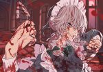  1girl absurdres blood blood_on_clothes blood_on_face blood_on_hands blood_on_knife blood_on_weapon blood_splatter blue_eyes braid dual_wielding evil_grin evil_smile grey_hair grin hair_over_one_eye highres holding holding_knife izayoi_sakuya kawayabug knife maid maid_headdress one_eye_covered scarlet_devil_mansion smile solo touhou twin_braids weapon 