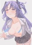  biting black_skirt blue_archive blush breasts breasts_out collarbone grey_shirt highres kazami_yuuka lip_biting lookhow medium_breasts navel necktie nipples no_halo open_clothes open_shirt panties panty_pull purple_eyes purple_hair shirt simple_background skirt two_side_up underwear undone_necktie white_background 