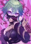  1girl bare_shoulders black_gloves black_jacket black_mask black_tank_top breasts commentary_request covered_mouth fishnets genshin_impact gloves green_hair hair_between_eyes hand_on_own_face highres jacket kuki_shinobu looking_at_viewer mask masked medium_breasts mouth_mask ninja ninja_mask off_shoulder open_clothes open_jacket pink_background purple_eyes sanshoku_dango_(ahxf3842) solo tank_top 