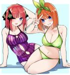  2girls :d arm_behind_head arm_support arm_up armpit_crease bare_arms bare_shoulders bikini black_ribbon blue_background blue_eyes blunt_bangs blush breasts butterfly_hair_ornament cleavage clothing_cutout collarbone commentary curvy eyebrows_hidden_by_hair full_body go-toubun_no_hanayome green_bikini green_ribbon grin hair_between_eyes hair_ornament hair_ribbon halterneck hand_up head_tilt highres large_breasts long_hair mame1645 medium_hair modeling multiple_girls nakano_nino nakano_yotsuba navel one-piece_swimsuit one_eye_closed open_mouth orange_hair purple_one-piece_swimsuit red_hair ribbon shiny_skin siblings side-tie_bikini_bottom simple_background sisters sitting smile stomach stomach_cutout straight_hair swimsuit thighs twins two_side_up upturned_eyes v v_over_head yokozuwari 