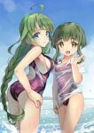  2girls absurdres ass beach blue_eyes bob_cut braid breasts brown_eyes competition_swimsuit day green_hair highleg highleg_swimsuit highres kantai_collection long_hair looking_at_viewer medium_breasts mole mole_under_mouth multiple_girls ocean one-piece_swimsuit purple_one-piece_swimsuit short_hair short_hair_with_long_locks single_braid small_breasts swimsuit takanami_(kancolle) very_long_hair water wavy_hair yashin_(yasinz) yuugumo_(kancolle) 