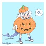  1girl :d a_(phrase) artist_name blue_background blue_eyes blue_hair blue_socks blush fins fish_tail full_body gawr_gura hair_ornament highres hololive hololive_english jack-o&#039;-lantern long_hair long_sleeves multicolored_hair pumpkin_costume pumpkin_hat rosalhymn shadow shark_tail sharp_teeth shoes simple_background smile socks solo spoken_letter standing streaked_hair tail teeth two_side_up virtual_youtuber white_footwear white_hair 