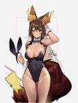  1girl animal_ears black_leotard blush breasts brown_eyes brown_hair covered_navel cowboy_shot detached_collar flame-tipped_tail fox_ears fox_tail hand_in_own_hair highleg highleg_leotard highres holding indie_virtual_youtuber large_breasts leotard playboy_bunny rabbit_ears sinder_(vtuber) siriuflong swirl tail virtual_youtuber wrist_cuffs 