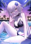  1girl absurdres ahoge bikini black_bikini blush breasts choker fate/grand_order fate_(series) flower hair_between_eyes hair_flower hair_ornament highres jeanne_d&#039;arc_alter_(fate) jeanne_d&#039;arc_alter_(swimsuit_berserker)_(fate) large_breasts long_hair looking_at_viewer mishiro_(ixtlolton) soaking_feet solo swimsuit very_long_hair wet white_hair yellow_eyes 