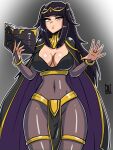  1girl black_cape black_hair blunt_bangs book breasts bridal_gauntlets cape choker cleavage commission covered_navel curvy dot_nose fire_emblem fire_emblem_awakening gold gradient_background grey_eyes highres holding holding_book large_breasts long_hair looking_at_viewer pelvic_curtain purple_cape sidelocks solo terrybrogard tharja_(fire_emblem) thighlet tiara two-tone_cape two_side_up yellow_choker 