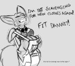  angry annoyed anthro belly big_belly canid canine clenched_teeth clothing dialogue eyes_closed eyewear female fennec fox goggles lucy_(raydis) mammal monochrome overalls pregnant pregnant_female sketch solo tail teeth text topwear twokindswierdo wardrobe_malfunction 