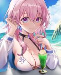  1girl absurdres bikini blue_eyes blue_sky breasts cloud commentary_request day drinking_straw food hand_up highres honkai:_star_rail honkai_(series) ice_cream large_breasts looking_at_viewer march_7th_(honkai:_star_rail) ocean pink_hair purple_eyes raramente sky smile solo swimsuit two-tone_eyes upper_body water white_bikini 