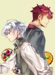  2boys blue_eyes blueberry character_request cover cover_page food fruit grey_hair highres long_sleeves male_focus multiple_boys novel_cover official_art okashi_na_tensei orange_(fruit) orange_slice pastry_mille_morteln purple_eyes raspberry red_hair shuri_yasuyuki simple_background tart_(food) 