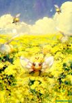  :o artist_name blush brown_eyes cloud commentary_request cutiefly day ekm field flower flower_field holding holding_flower looking_at_viewer outdoors pokemon ribombee sky watermark yellow_flower 
