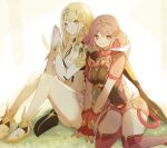  2girls armor backless_outfit blonde_hair breasts cleavage cleavage_cutout clothing_cutout core_crystal_(xenoblade) dangle_earrings dress earrings fingerless_gloves gloves grass highres impossible_clothes jewelry large_breasts long_hair looking_at_viewer multiple_girls mythra_(xenoblade) on_ground pyra_(xenoblade) red_eyes red_hair red_shorts short_shorts shorts shoulder_armor sleeveless sleeveless_dress smile swept_bangs takumi_(user_xmwf4727) thigh_strap thighhighs tiara very_long_hair xenoblade_chronicles_(series) xenoblade_chronicles_2 yellow_eyes 